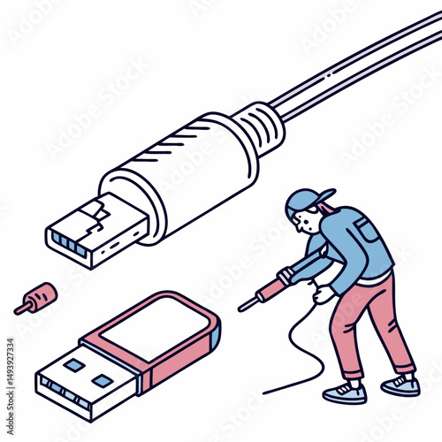 Person repairing usb cable and connector with soldering iron