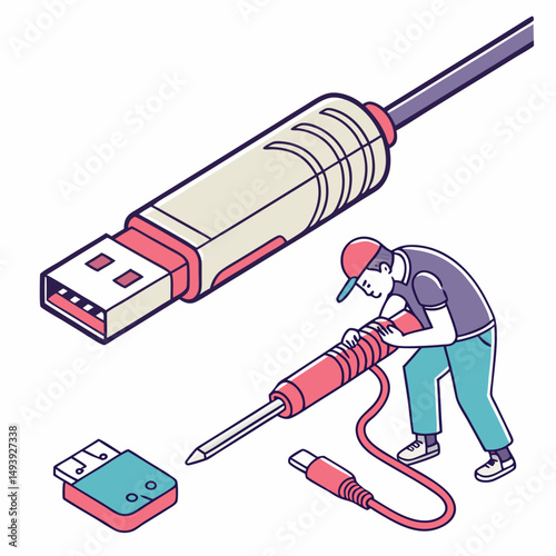 Technician repairing usb cable with soldering iron isometric illustration
