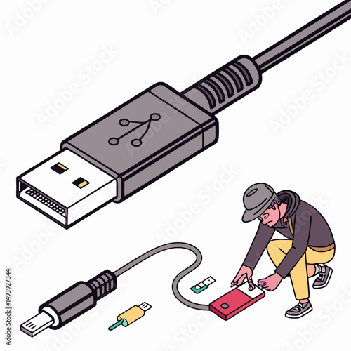 Person connecting usb cable to external drive data transfer