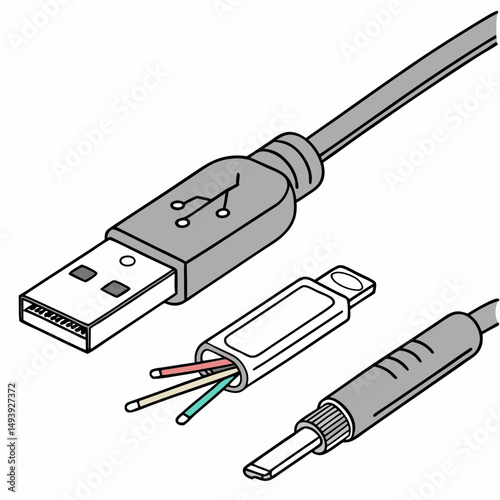 Professional usb cable cutout illustration isolated on white background