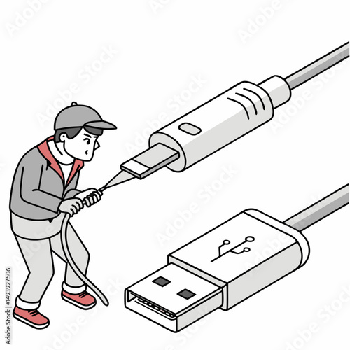 Man struggles to unplug usb and lightning cables