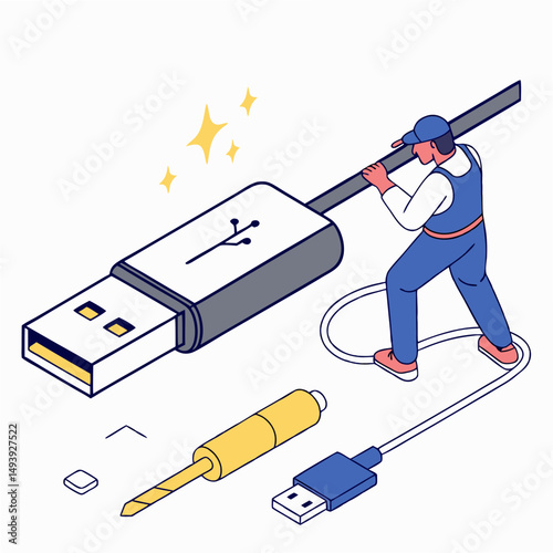 Professional isometric illustration usb cable installation repair service