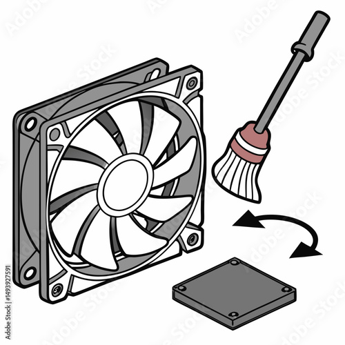 Cleaning a computer fan with a brush simple illustration