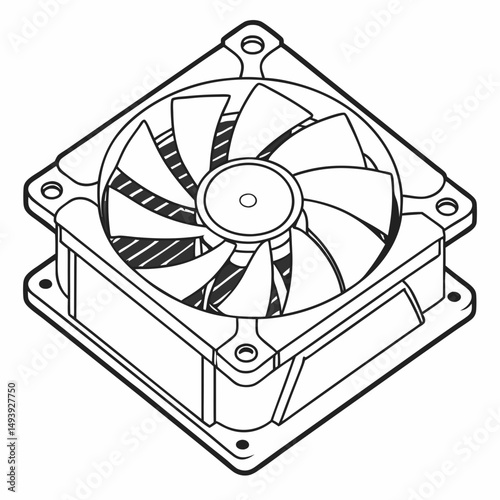 Computer cooling fan isometric line art illustration
