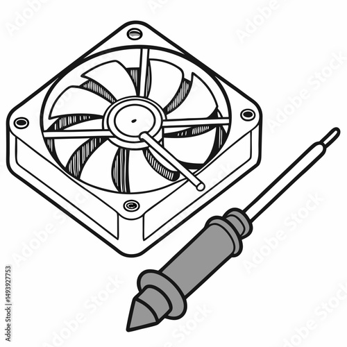 Computer cooling fan and soldering iron illustration