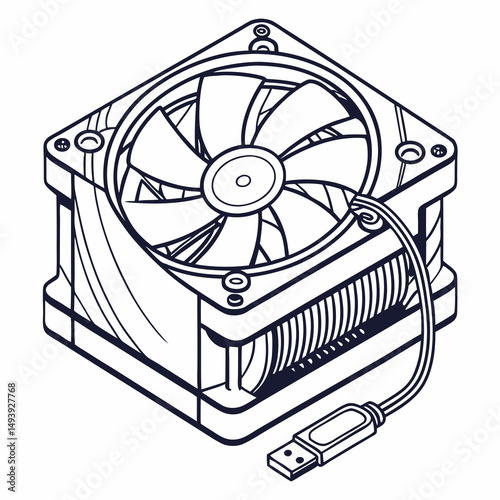 Isometric illustration of a computer cooling fan with usb connection
