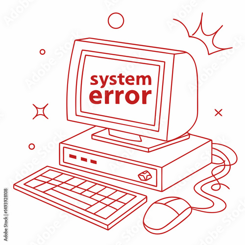 Retro computer system error illustration line art design