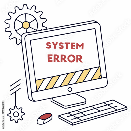 Computer system error illustration gears keyboard mouse