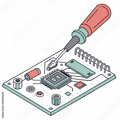 Circuit board repair isometric illustration screwdriver microchip technology