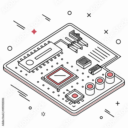 Isometric illustration of a circuit board with components
