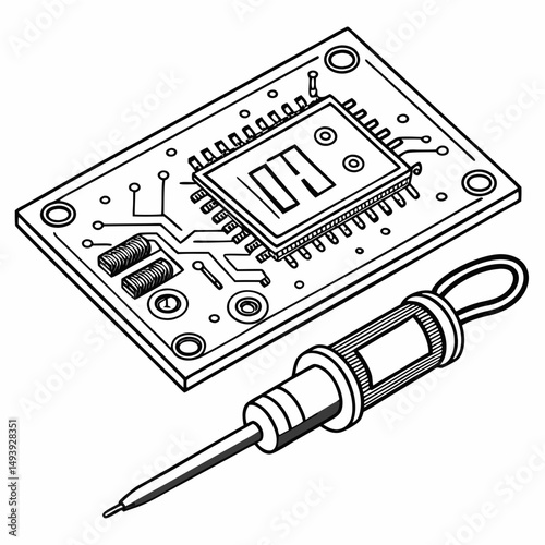 Professional circuit board and soldering iron illustration with transparent background