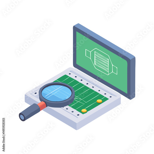 Professional isometric illustration of laptop with magnifying glass on a circuit board