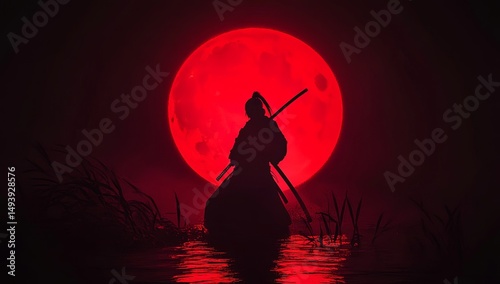 A dark silhouette of a Japanese samurai stands with swords against a red background