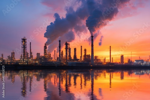 Industrial steel factory at dawn with smoking chimneys, progress