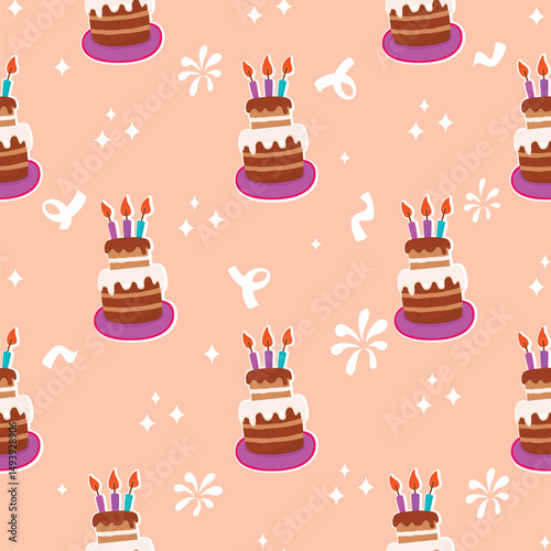 Festive seamless pattern with cake. Coloful background with sweet dessert and candles. Pink, beige, brown, blue and white colors. Birthday celebration vector design for textile, wallpaper, cover.