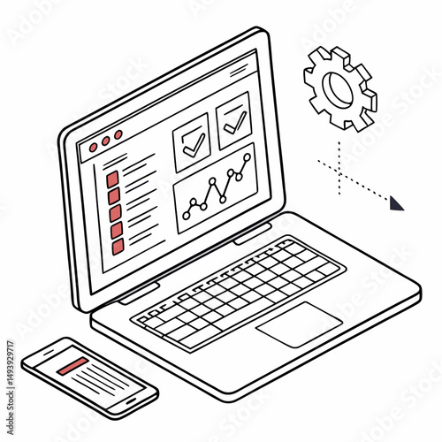 Laptop computer screen showing data analytics progress checklists gear smartphone