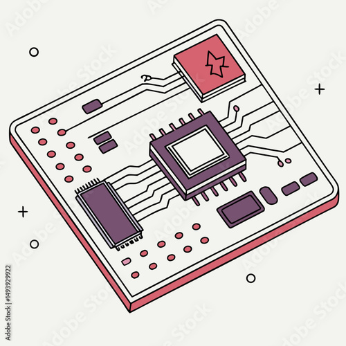 Isometric illustration of a circuit board with microchip and components
