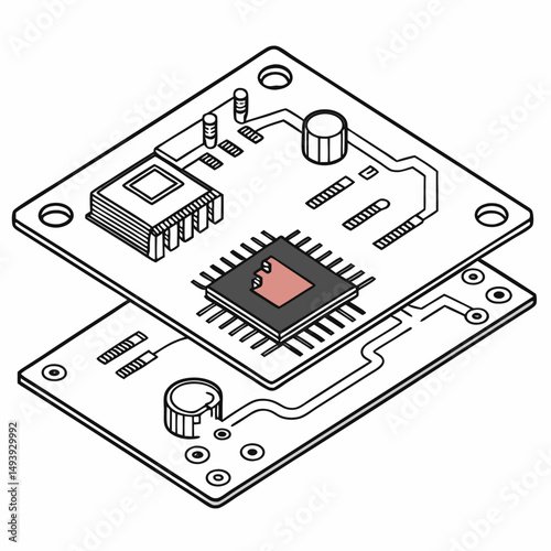 Isometric illustration of a circuit board with microchip