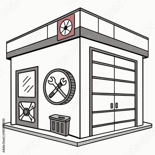Small auto repair shop building exterior cartoon illustration