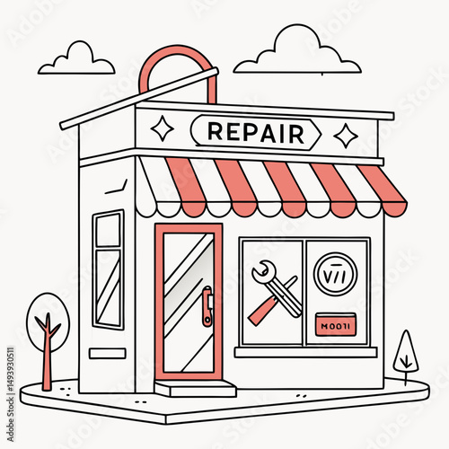 Cute cartoon repair shop building illustration