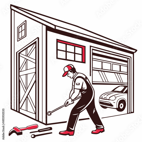 Mechanic working in garage repairing car tools hammer wrench