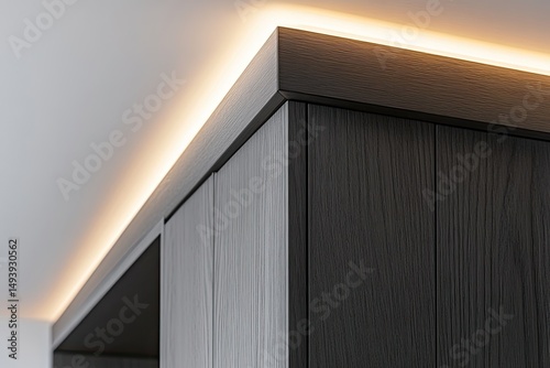 Wood cabinet corner with ambient lighting  showcasing texture and modern design