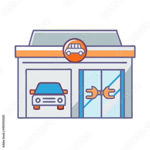 Electric car repair shop illustration transparent background clean cutout