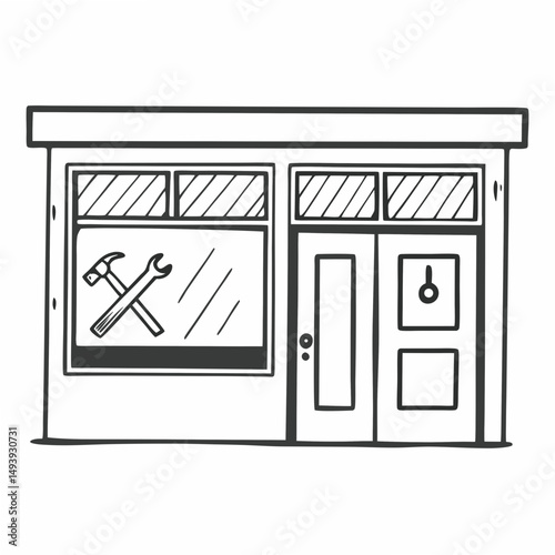 Hand-drawn repair shop building illustration, transparent background