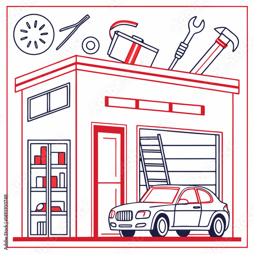 Modern car garage building with tools and car inside