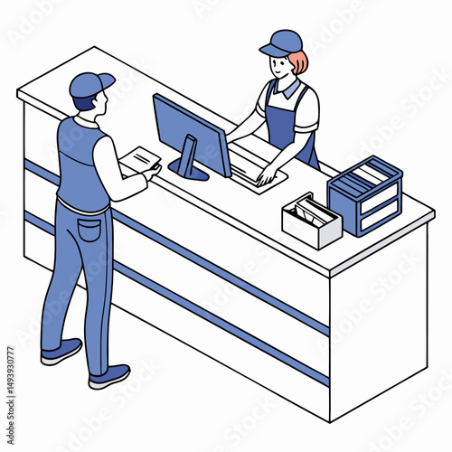 Customer service representative assisting a client at the counter