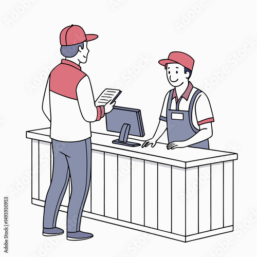 Customer service representative helping delivery person at counter