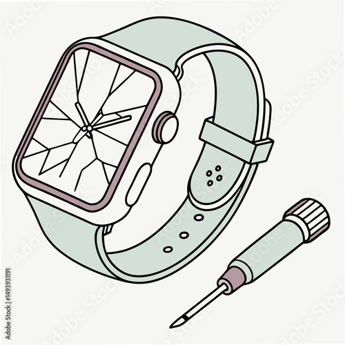 Broken smartwatch with screwdriver repair illustration on white background
