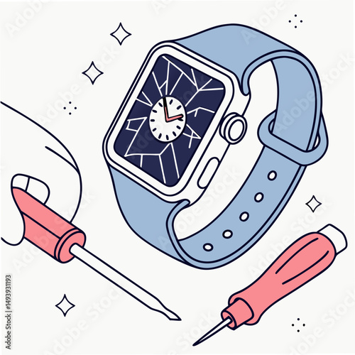 Broken smartwatch screen repair illustration with transparent background