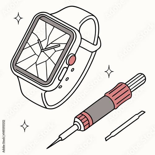 Cracked smartwatch screen repair tools kit illustration