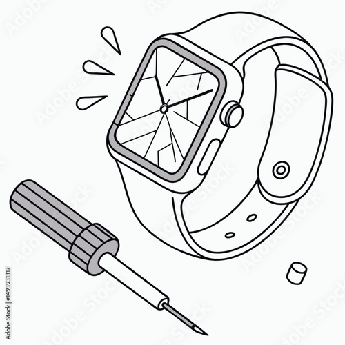Broken smartwatch screen repair kit illustration
