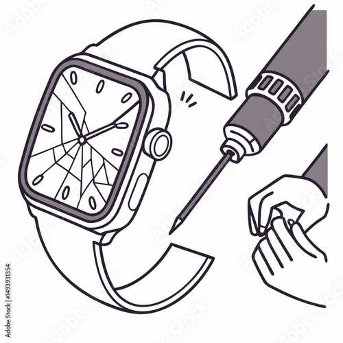 Broken smartwatch screen repair illustration  tools and hands