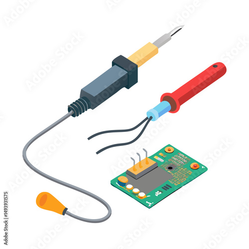 Professional isometric soldering iron circuit board design element