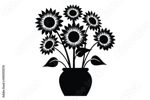 Graphic Black Sunflower Bouquet in Pot Floral Still Life Art