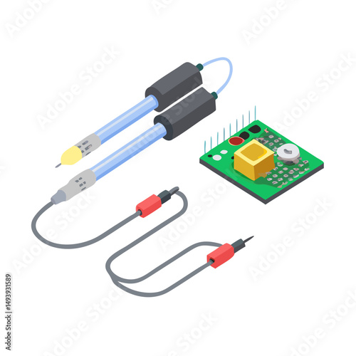 Professional isometric illustration of electronic sensor probes and circuit board on white background