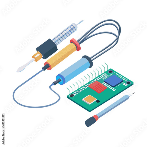 Professional isometric illustration of soldering tools and circuit board on white background