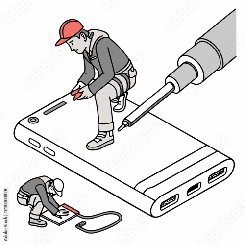 Professional smartphone repair technicians working on device with transparent background