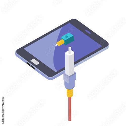 Isometric illustration smartphone fiber optic cable connection transparent background
