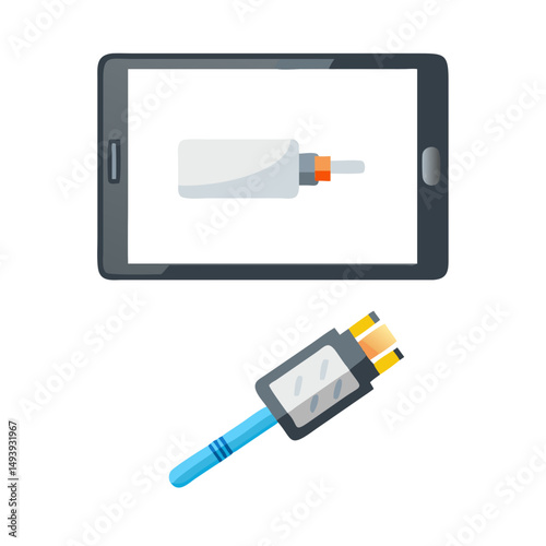 Smartphone displaying bottle and usb cable, transparent background