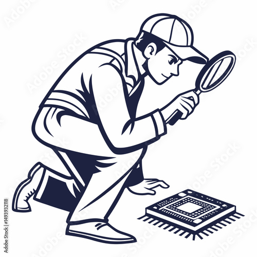 Technician inspecting microchip with magnifying glass, clean cutout, transparent background