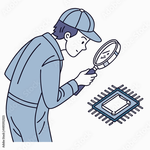 Technician inspecting microchip with magnifying glass computer repair service