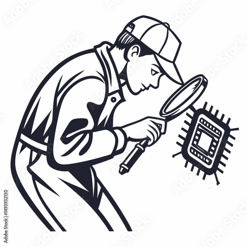 Technician inspecting microchip with magnifying glass, clean cutout, transparent background