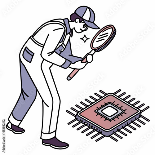 Technician inspecting microchip with magnifying glass, clean cutout, transparent background