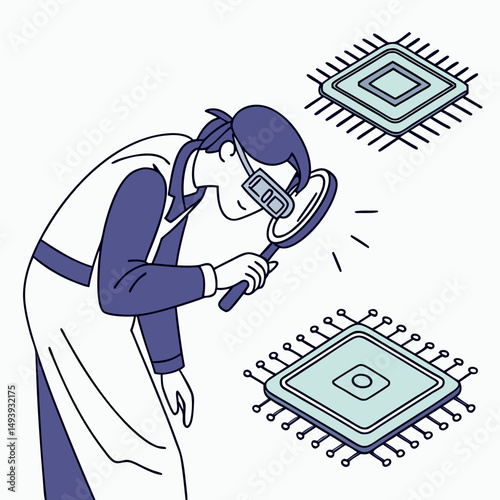 Technician inspecting microchips with magnifying glass
