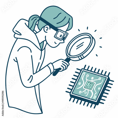 Woman scientist inspecting microchip with magnifying glass