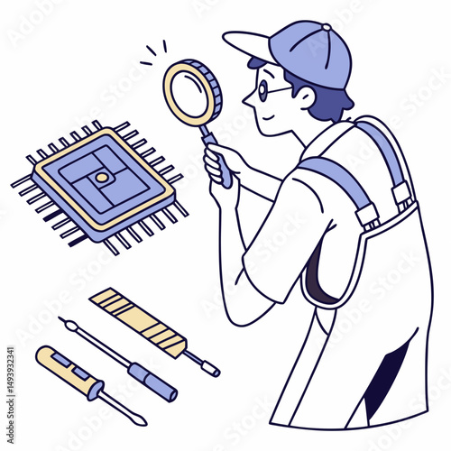 Technician inspecting microchip with magnifying glass and tools on white background